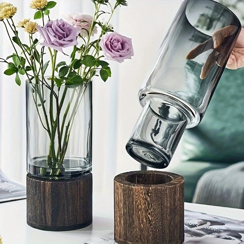 Glass Vase with Wooden Base
