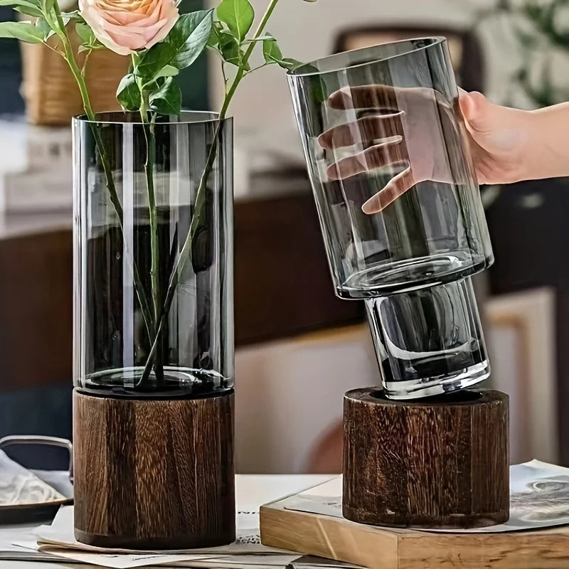 Glass Vase with Wooden Base